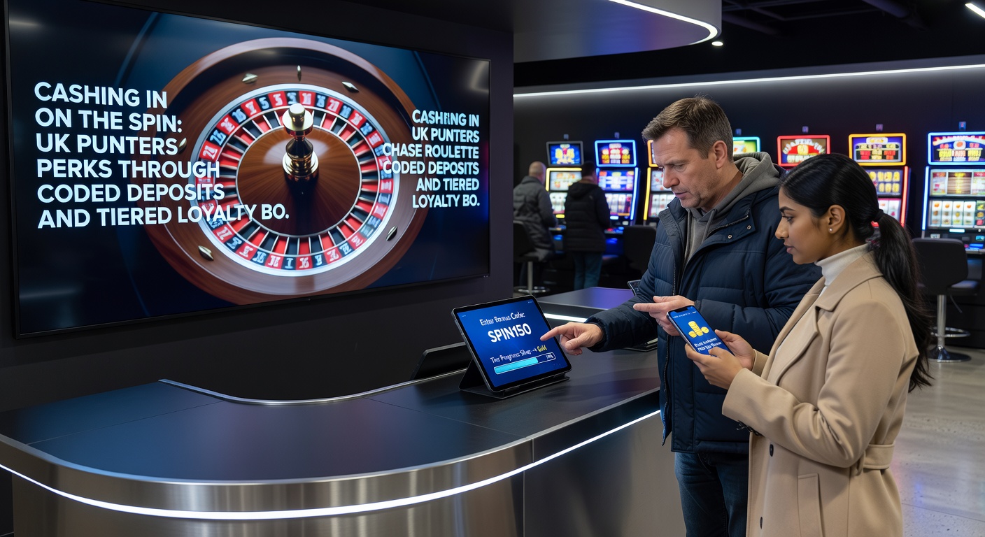 Graphic of loyalty tier pyramid with roulette chips ascending from bronze to platinum levels, alongside deposit code activation screen