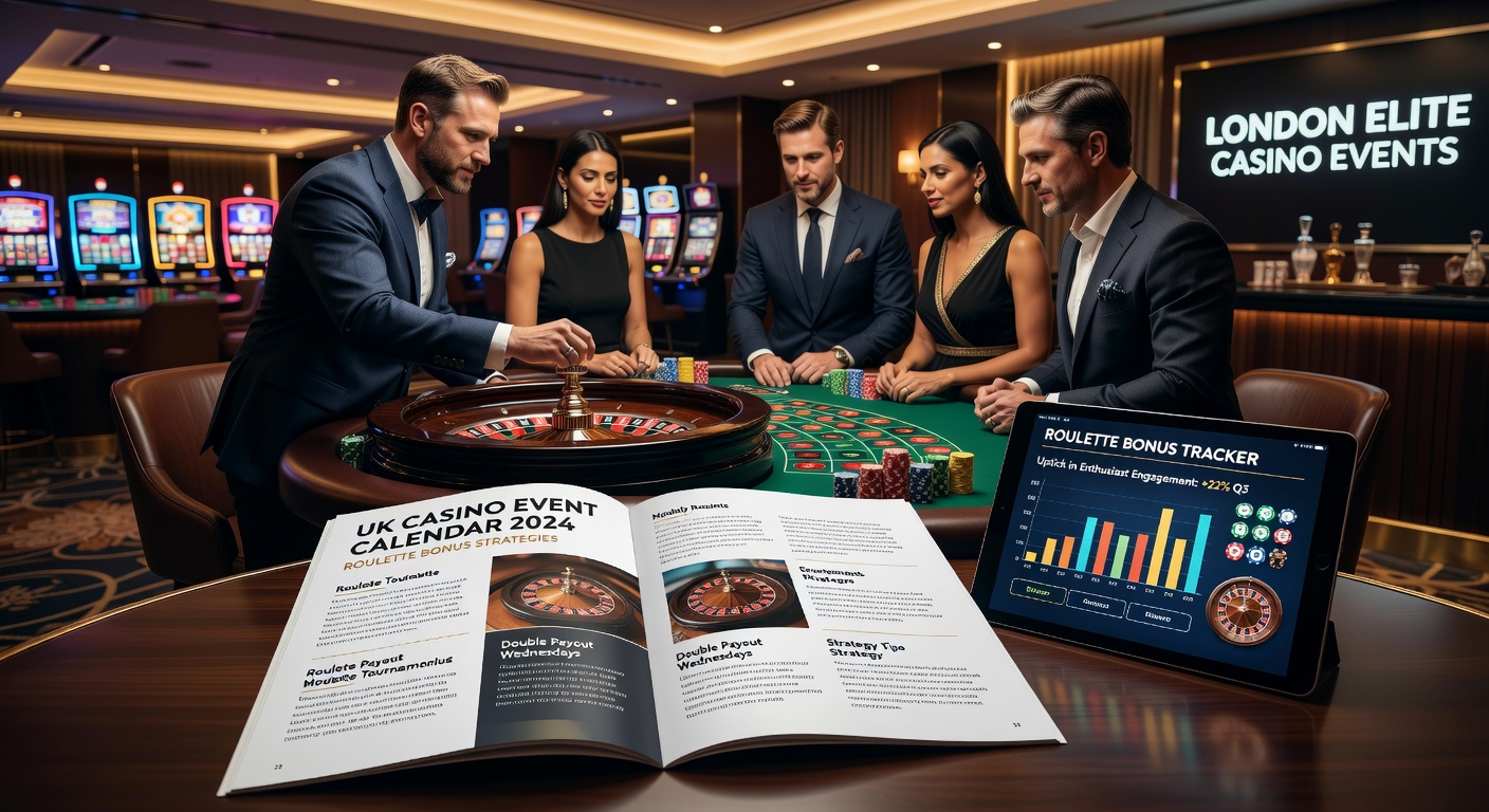Casino event calendar displayed on a screen with roulette tables in the background