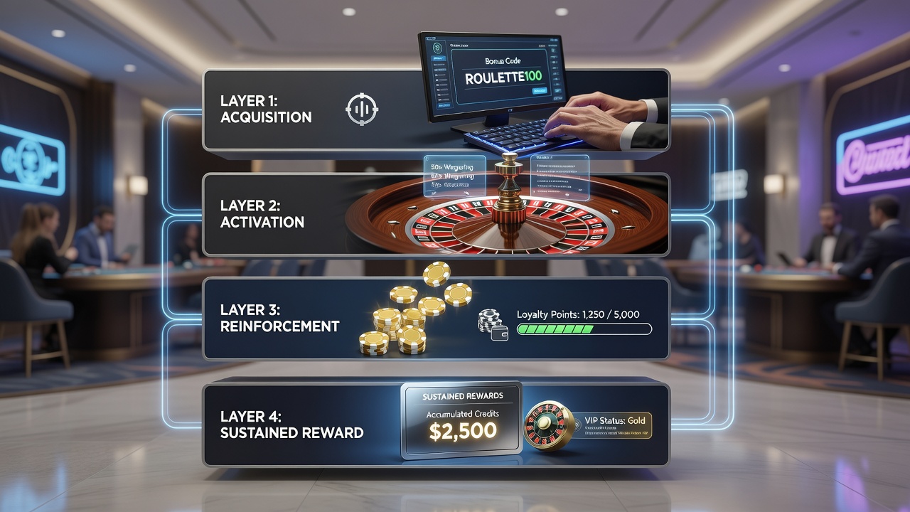 Illustration of roulette table surrounded by icons representing stacked bonuses, loyalty points, and recurring rewards