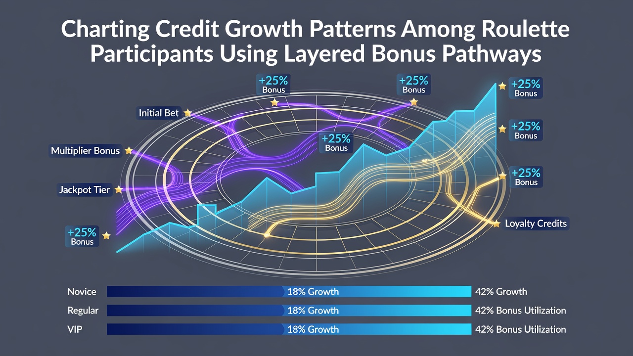 Visualization of layered bonus pathways and resulting credit growth curves for roulette players