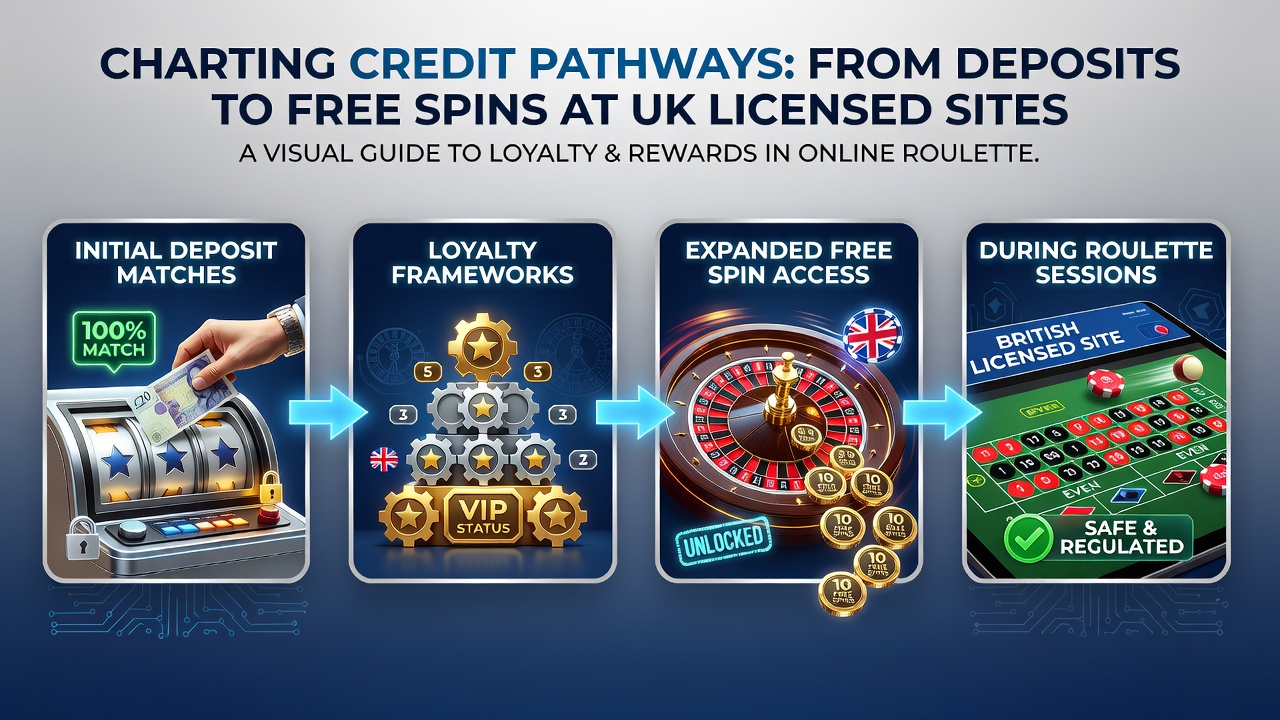 Diagram illustrating deposit match bonuses flowing into loyalty point systems and unlocking free spins for roulette at UK sites