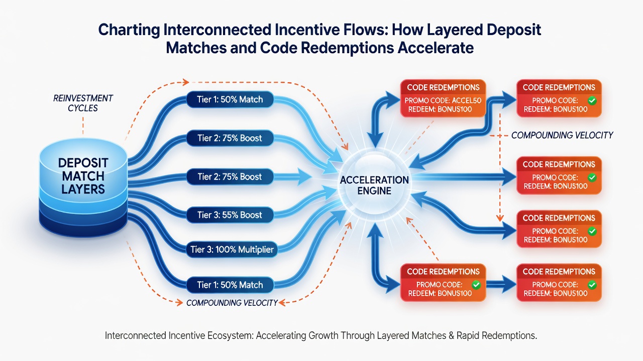 Illustration of layered deposit matches and code redemptions boosting loyalty points for roulette participants