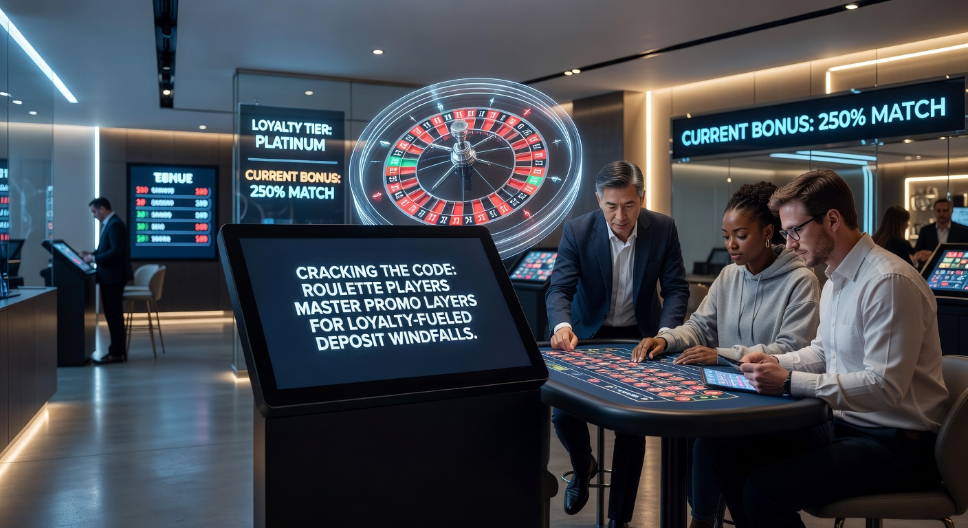 Player dashboard showing stacked loyalty tiers, active promo codes, and surging deposit balances with roulette tables in background