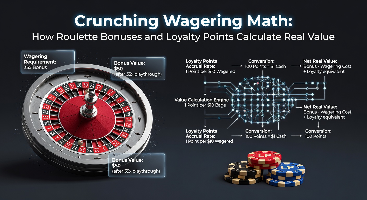 Roulette wheel spinning with overlaid graphs showing wagering calculations and loyalty point conversions, highlighting mathematical formulas for bonus value