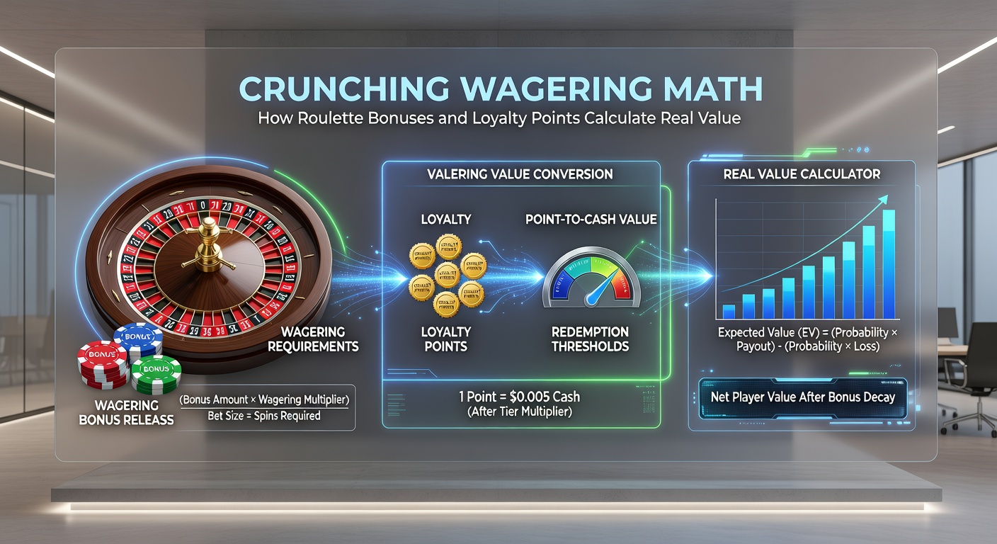 Close-up of calculator displaying roulette bonus EV formulas alongside loyalty point redemption charts and a digital roulette table