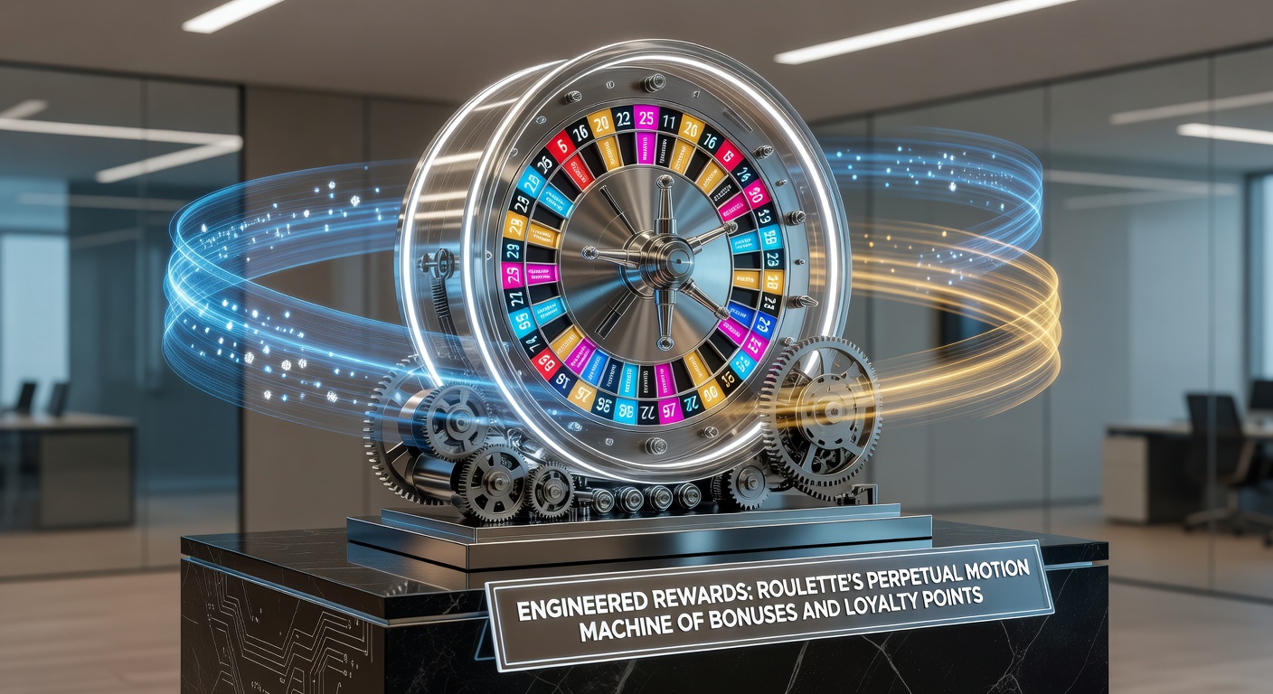 Digital dashboard showing cascading loyalty points, bonus meters filling up, and roulette bets in motion, capturing the engineered reward dynamics