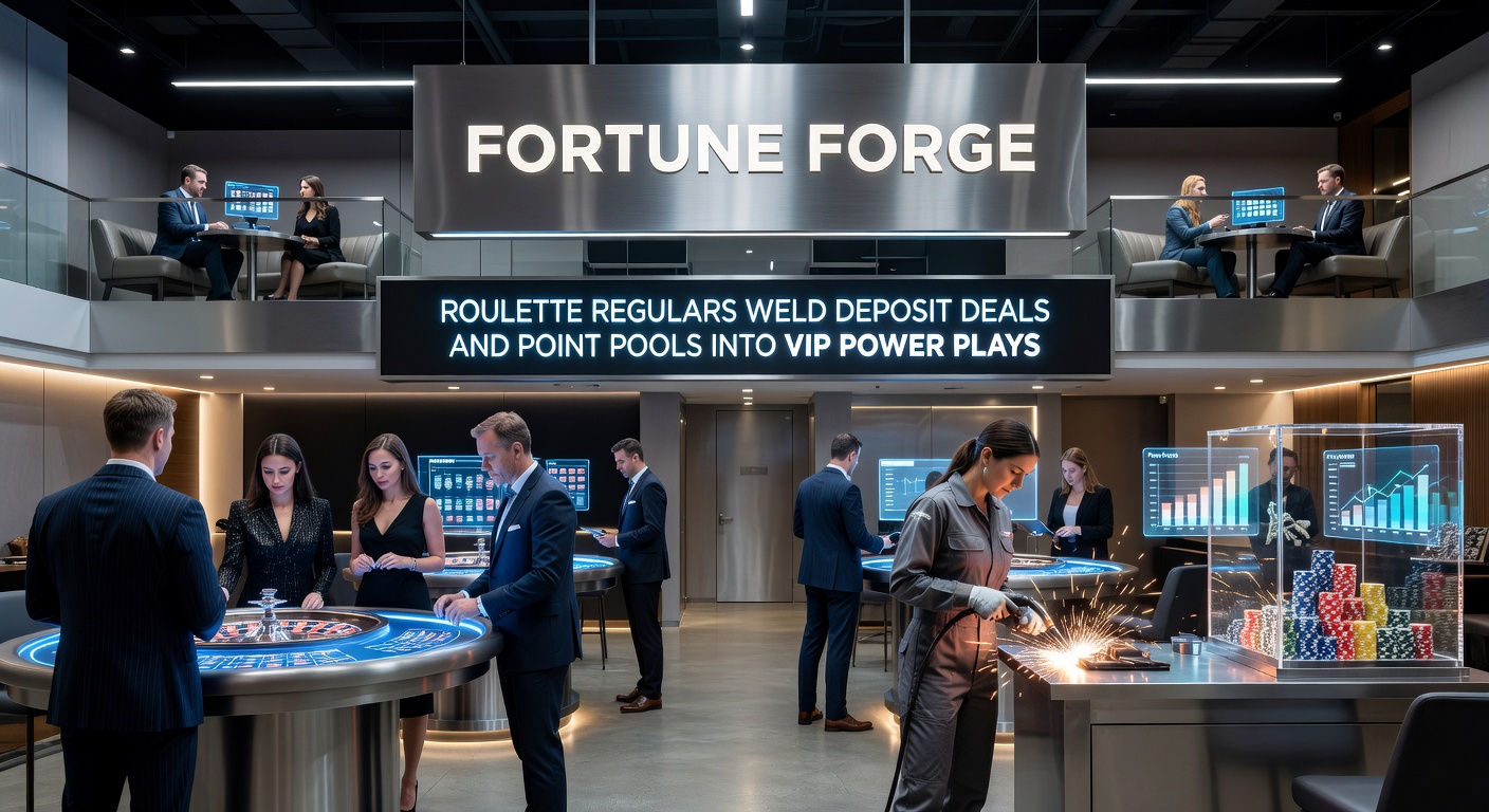 Digital forge anvil hammering together golden deposit coins and loyalty points into a shining VIP key, symbolizing strategic fusion in roulette loyalty programs