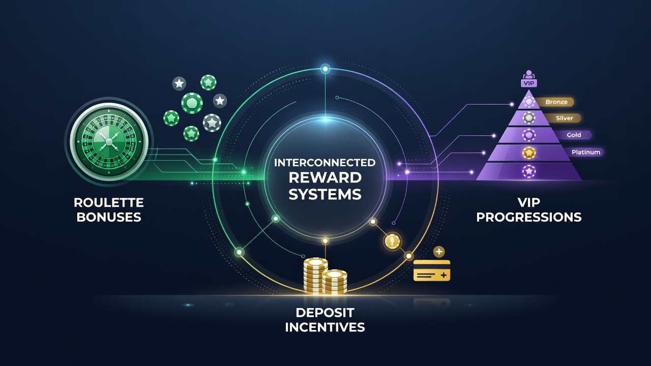 Flowchart illustrating VIP progression linked to roulette bonuses and deposit rewards