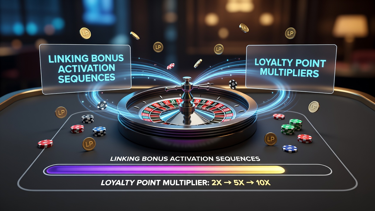 Roulette wheel with overlaid bonus activation icons and loyalty point counters showing multiplier effects