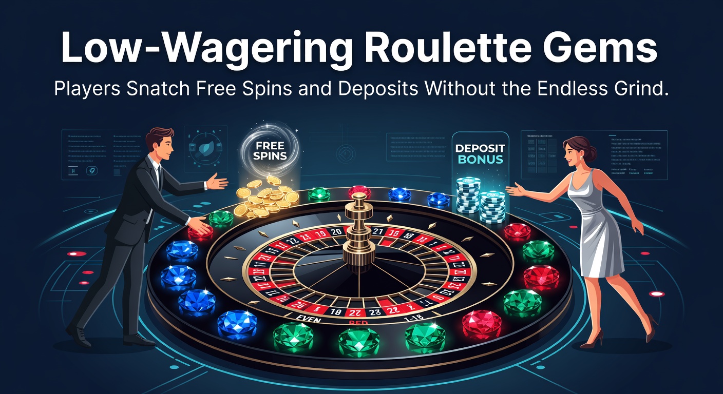 Vibrant roulette wheel spinning with glowing gems representing low-wagering bonuses and free spins cascading around it