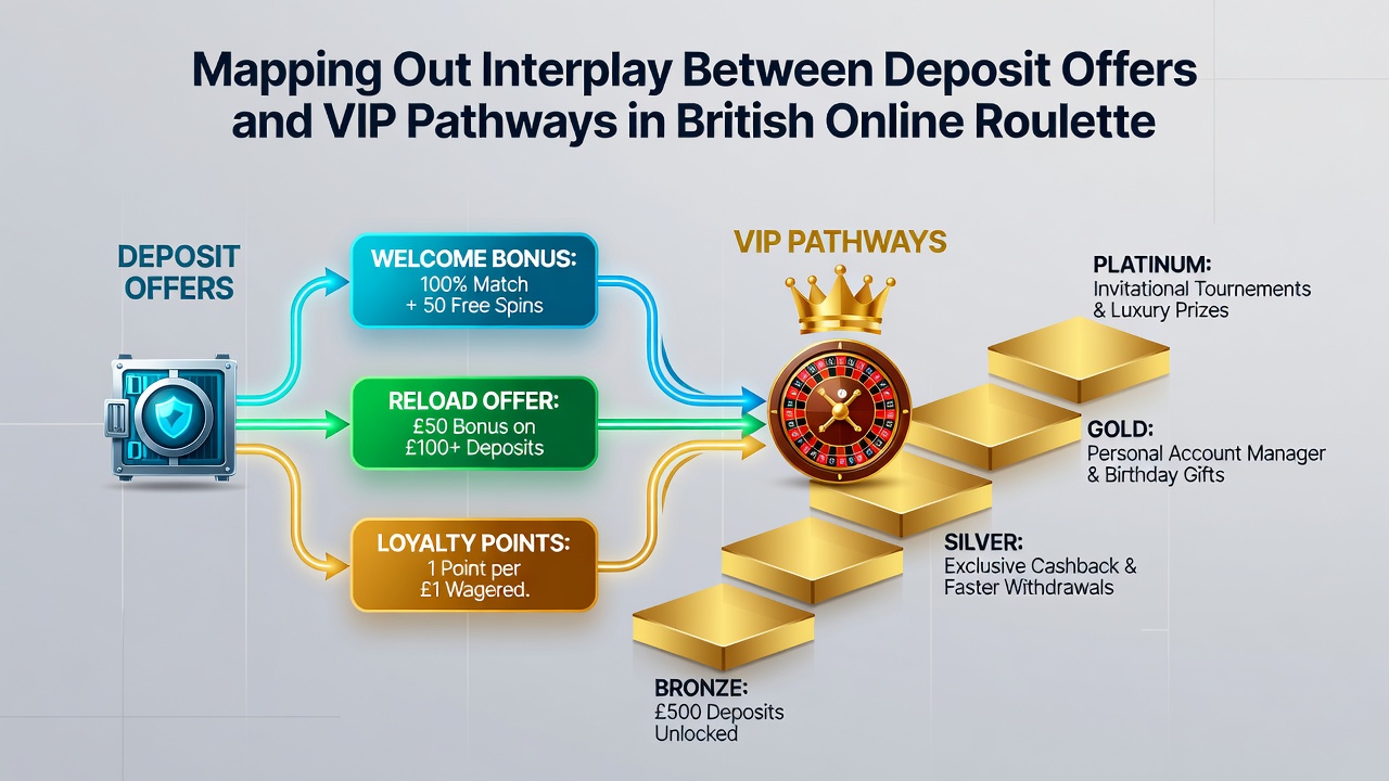 Flowchart of roulette players moving from deposit bonuses through loyalty tiers to VIP benefits
