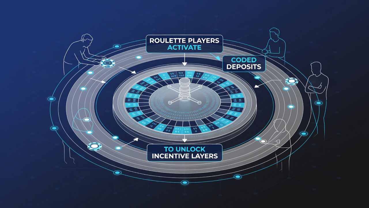 Illustration of tiered reward ladders showing coded deposits flowing into spin allocations and point redemption nodes