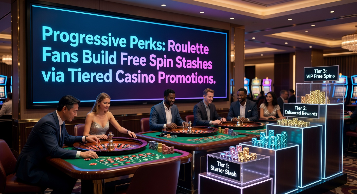 Roulette wheel spinning with layered perk icons glowing around it, illustrating tiered promotions building free spin rewards