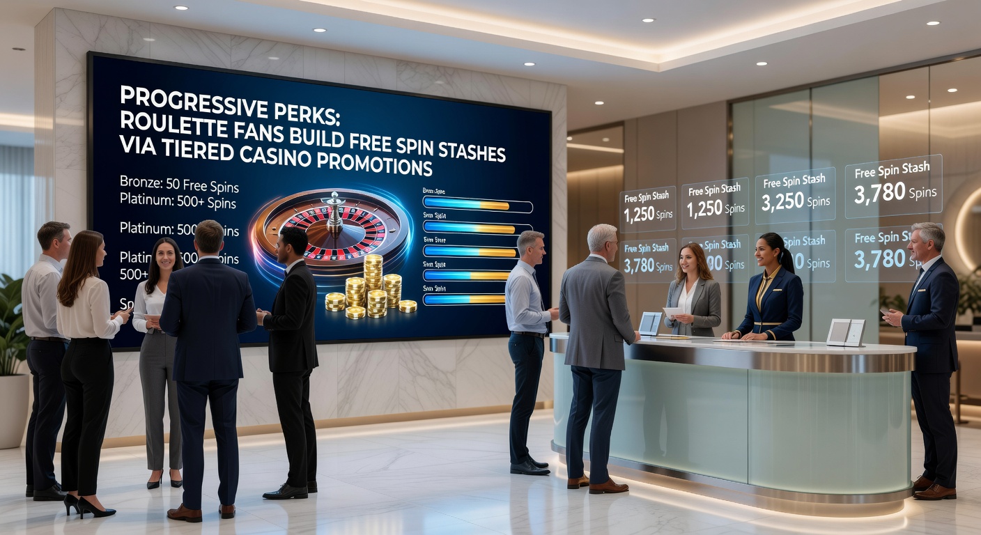Player dashboard showing tier progression bars filling up with free spin counters exploding at VIP levels, evoking the thrill of building roulette rewards