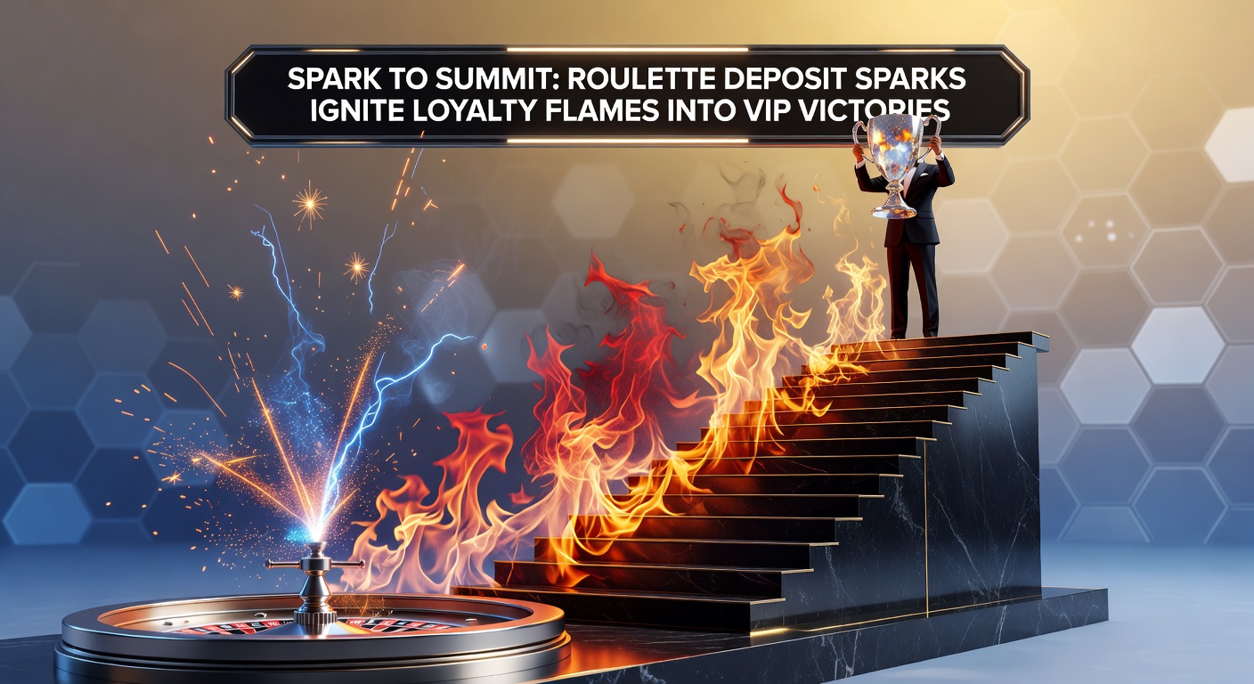 A vibrant roulette wheel spinning under spotlights, with glowing deposit sparks transitioning into rising loyalty flames toward a summit peak representing VIP status