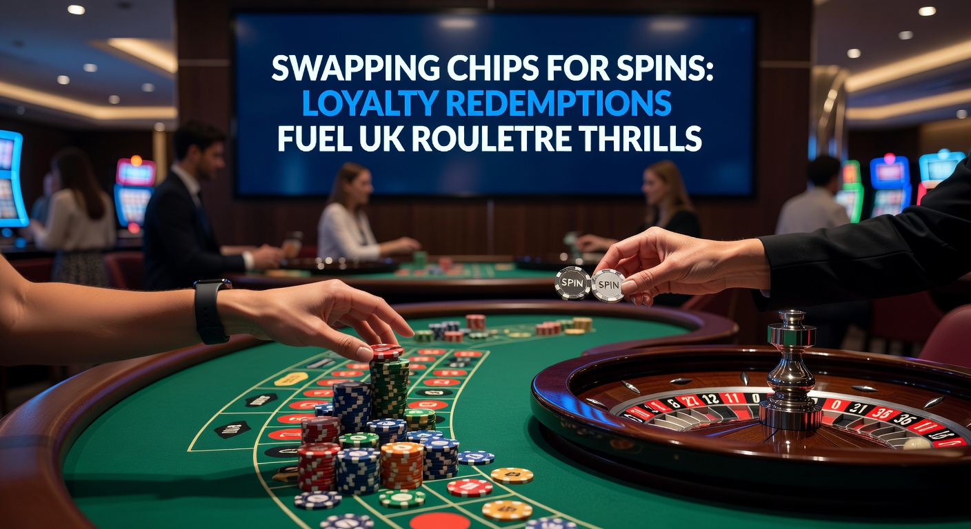 Vibrant roulette wheel with loyalty points transforming into free spins, illustrating redemption excitement in UK casinos