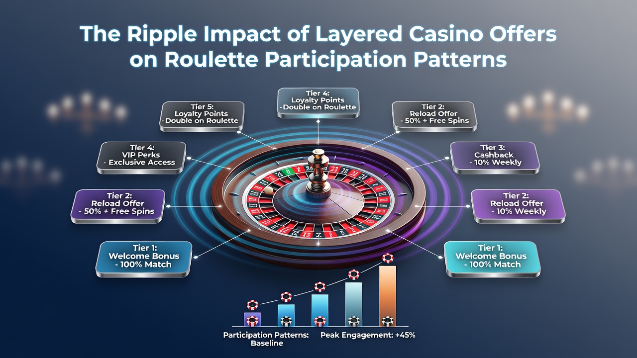 Overview of casino roulette tables with promotional overlays showing layered bonus structures
